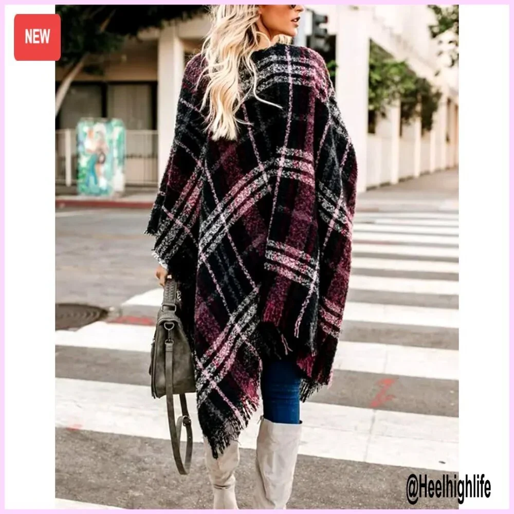Oversized Knitted Poncho Cardigan Shawl Wrap Open Front Tassel